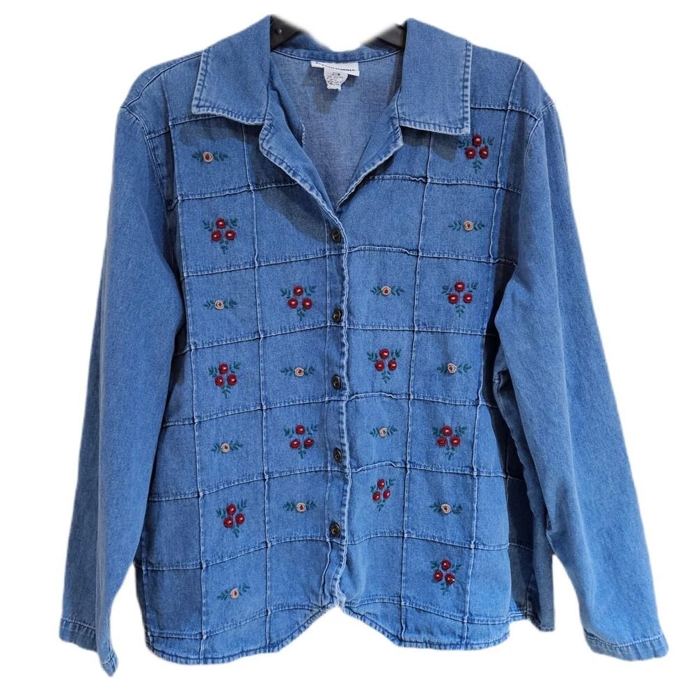 90s cottagecore boho embroidered floral denim shirt plus size